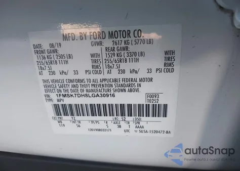 2020 Ford Explorer Xlt z USA, uszkodzony, nr VIN 1FMSK7DH8LGA30916